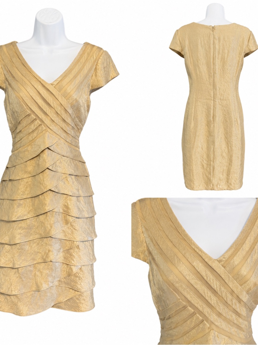 ✨ London Times Champagne Gold Metallic Tiered Cocktail Dress – Size 10